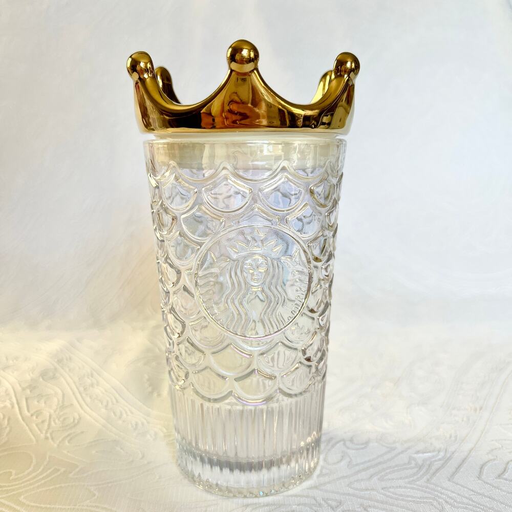 Starbucks Iridescent Mermaid Scale King Queen Gold Crown Glass